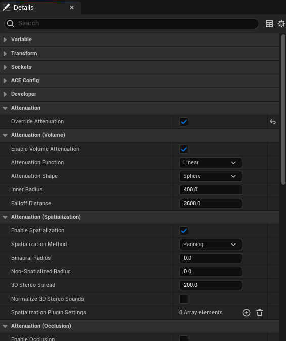 ACE Audio Curve Source inline attenuation settings