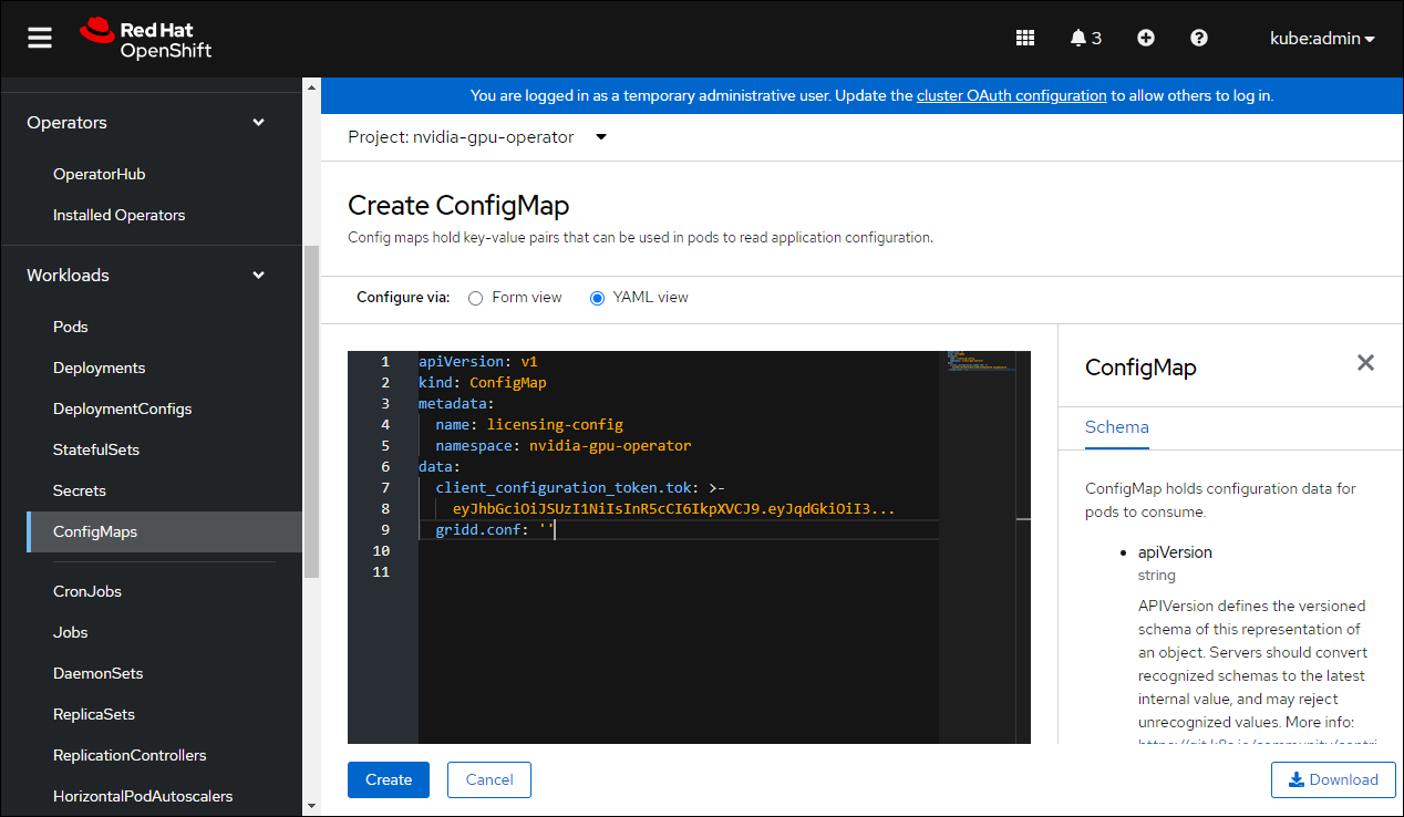 Create ConfigMap window of the OpenShift Console.