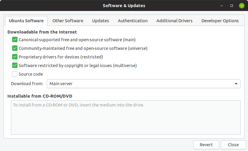 Screen capture showing the Ubuntu Software & Updates window with the the Ubuntu Software tab selected