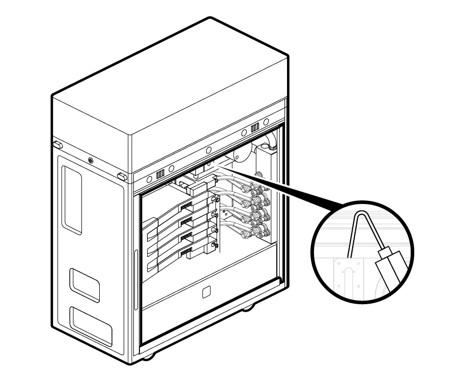 Line drawing showing the coolant liquid being added to the GPU cooling system from a filler bottle.