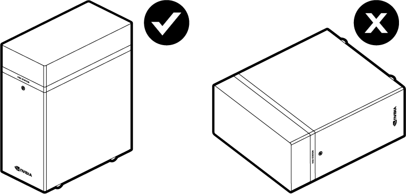 Line drawing showing the DGX Station upright with a check mark to indicate that this position is correct and laid flat with a cross mark to indicate that this position is incorrect.