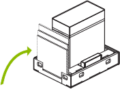 Line drawing the flap at the front of the bottom tray of the DGX Station shipping carton being pulled up.