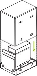 Line drawing showing the top cover of the DGX Station shipping carton being lowered into position.