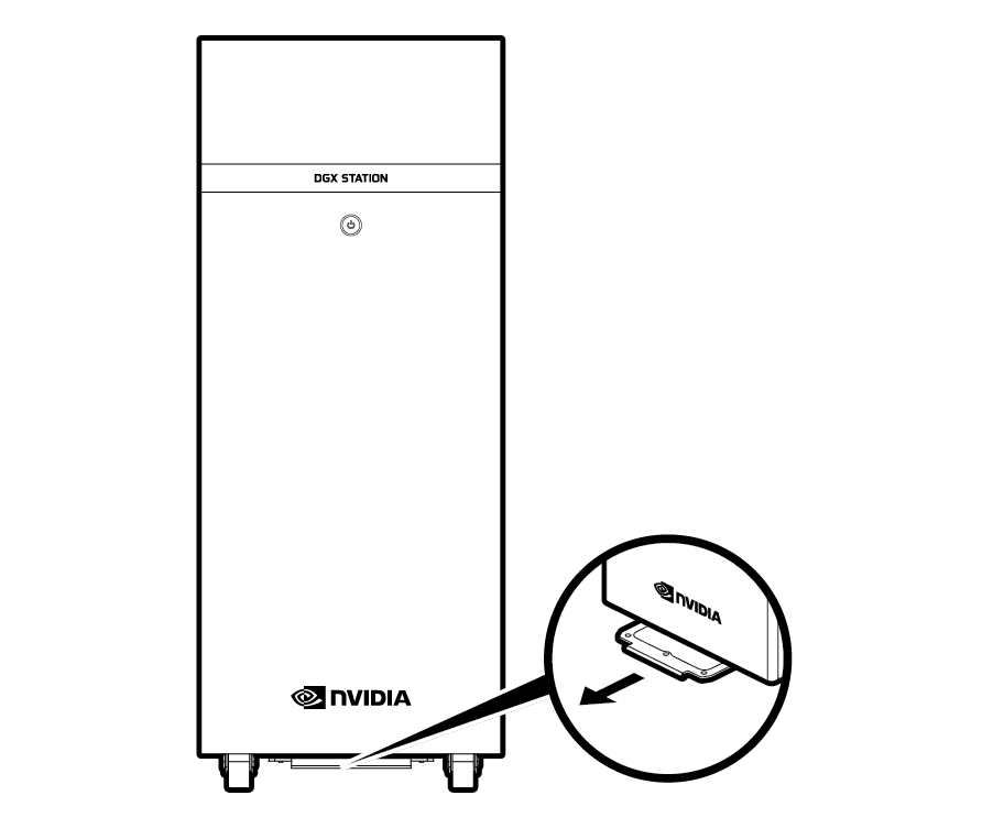 Line drawing showing the mesh filter being pulled out from underneath the DGX Station.