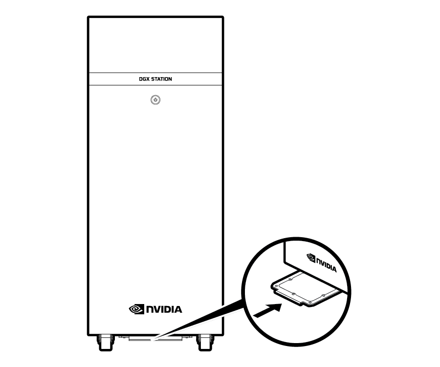 Line drawing showing the mesh filter being slid back underneath the DGX Station.