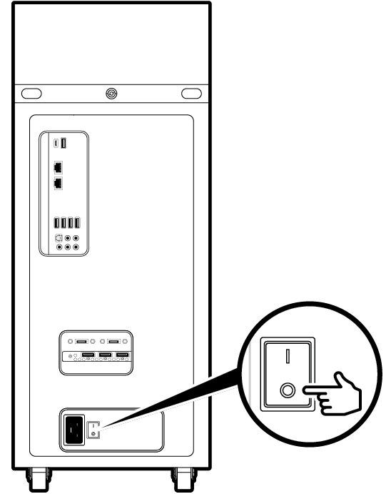 Line drawing showing the operation of the DGX Station PSU rocker switch to the OFF position.