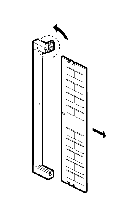 Diagram showing removal of a DIMM from its socket.