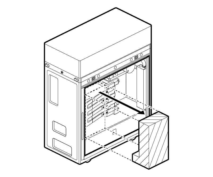 Line drawing showing the foam packing piece being removed from DGX Station.