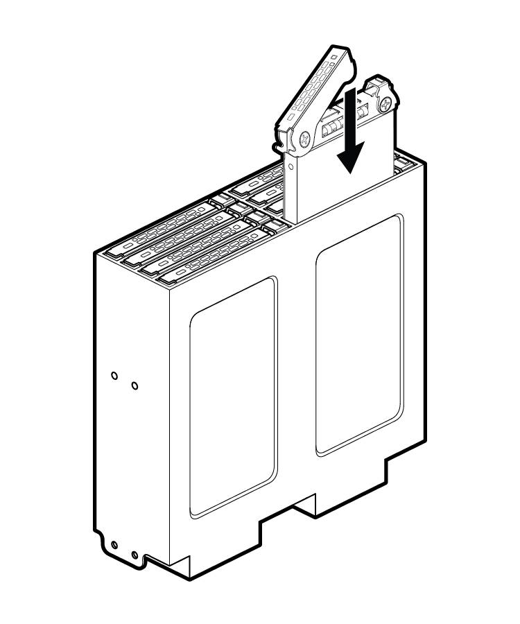 Line drawing showing the drive-tray being slid into the drive bay