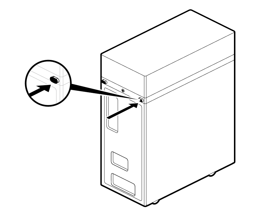 Line drawing showing the button on the right side of the DGX Station back panel being pushed.