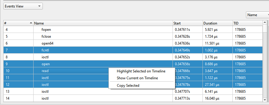 Events View copy selection