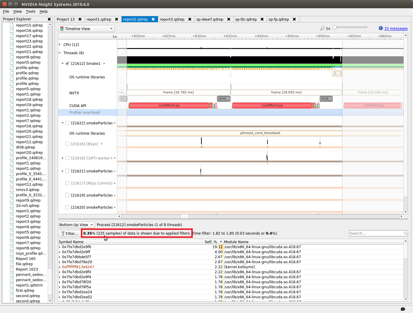 Timeline showing CPU IP/backtrace information, filtered