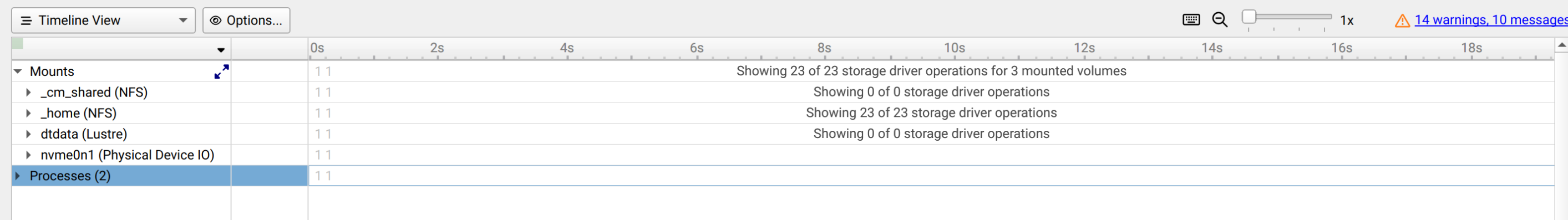 Multiple storage protocols report file (Timeline view)