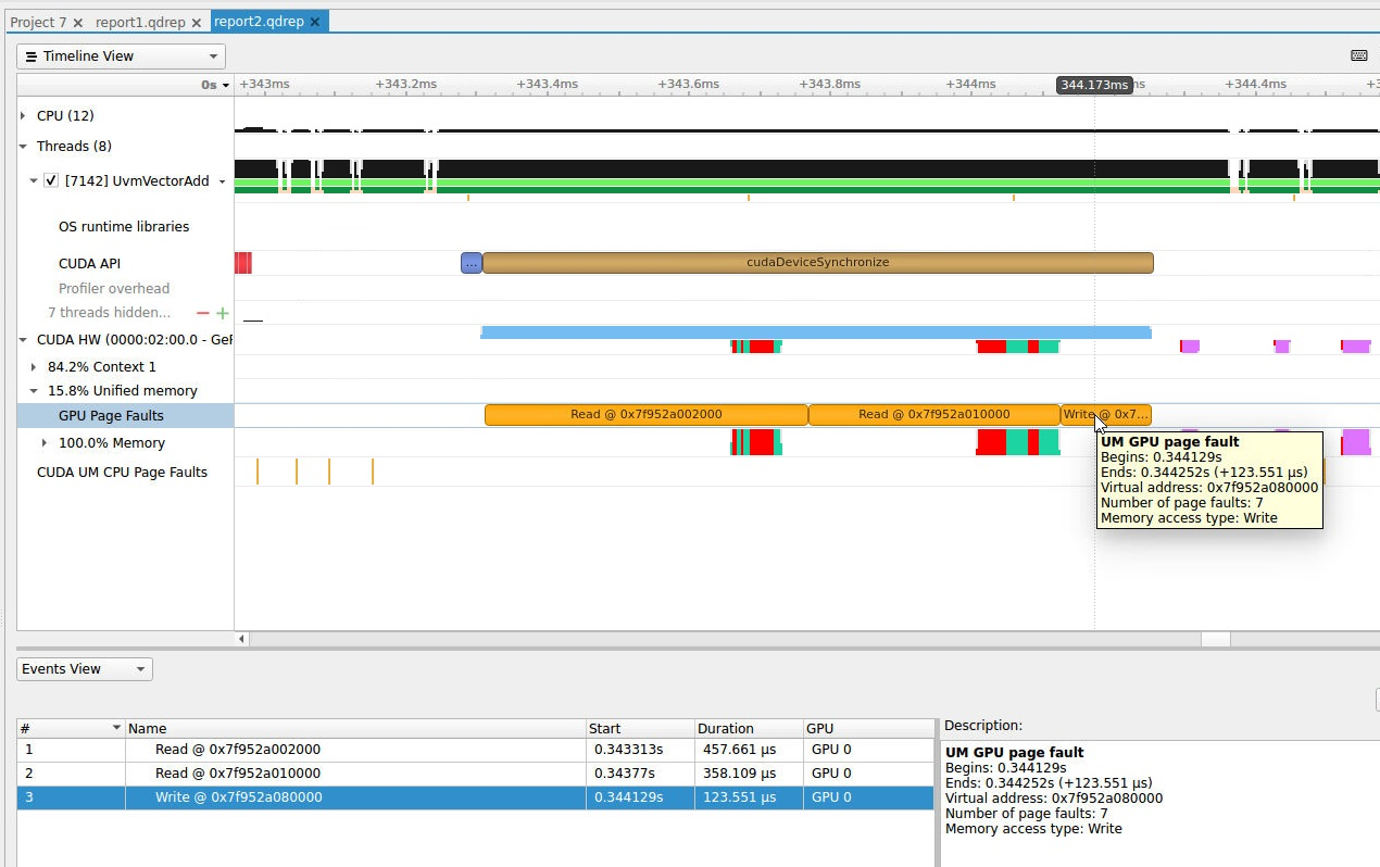 Unified Memory GPU Page Faults on timeline